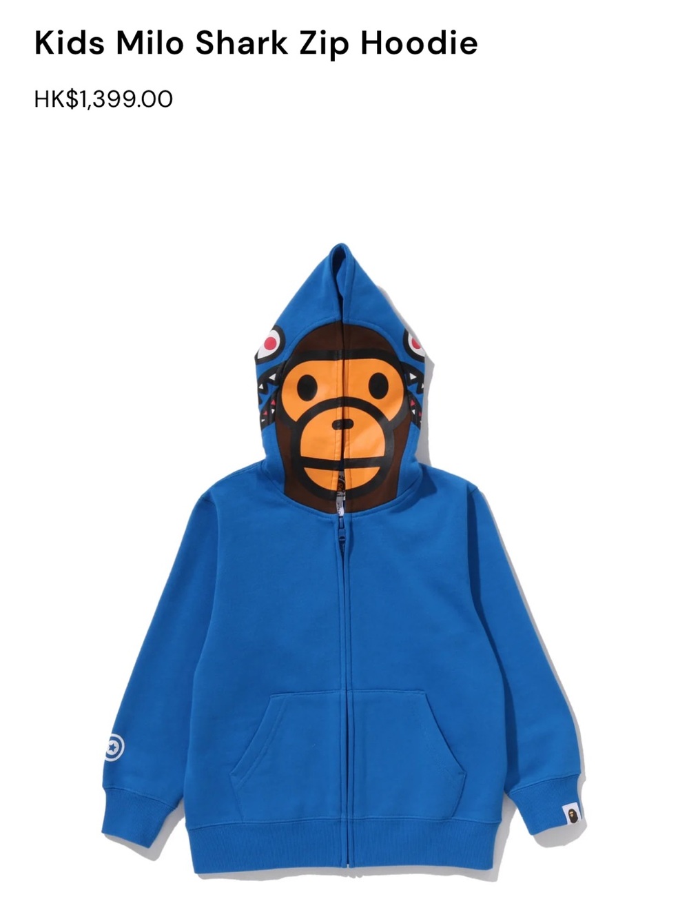 Bape Kids Blue Milo Shark Zip-Up Hoodie